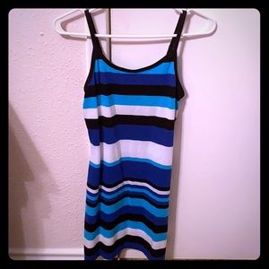 Blue hue, black, & white mini dress